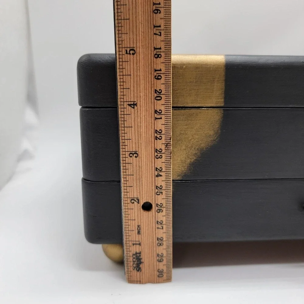 Vtg Wooden Jewelry Box Custom Hand Painted Black Gold Dragonfly Peacock